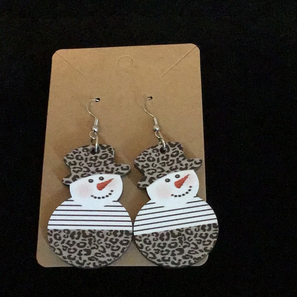 Snowman Wooden Dangle Earrings With Leopard Pattern New